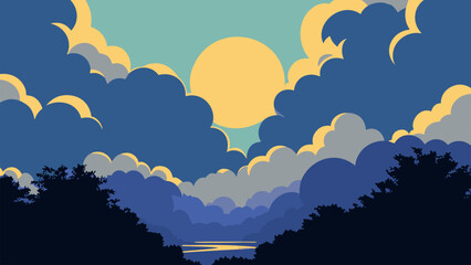 Wall Mural - Painting of a sunset over a lake with trees in the foreground and a blue sky with yellow clouds, sky, vector art. Cartoon anime background.