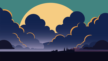 Wall Mural - Landscape with a full moon and clouds in the sky and a silhouette of a city on the horizon, full moon, vector art, gothic art. Cartoon anime background.