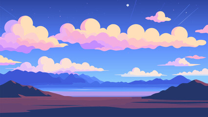Wall Mural - Painting of a mountain range with a lake and clouds in the background and a bird flying in the sky, plain background, a matte painting, space art. Cartoon anime background.