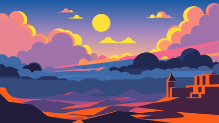 Wall Mural - Painting of a sunset with clouds and a building in the distance with a clock tower in the foreground, colorful flat surreal design, vector art, space art. Cartoon anime background.