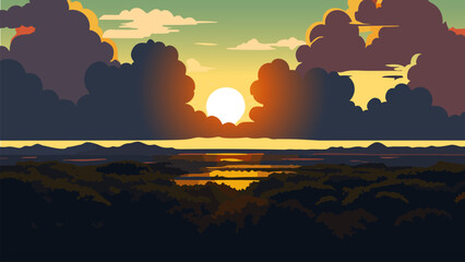 Wall Mural - Sunset with clouds and a body of water in the foreground and a few hills in the background, sun, a matte painting, environmental art. Cartoon anime background.