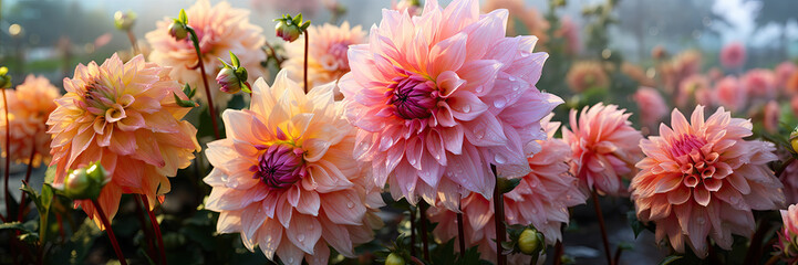 Poster - Coral pink dahlias in autumn garden  panoramic banner 