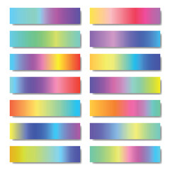 Colorful gradient swatches set. 14 vibrant color gradation palletes. Dynamic colour samples. Red, orange, blue, green, yellow, pink, and purple color combination.