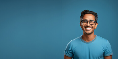 Attractive indian man wearing blue tshirt and glasses. Isolated on blue background. 