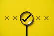 © Dilok - Correct sign mark inside magnifier glass among cross mark for focusing approve and reject business project proposal concept.