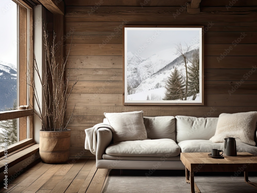 alpine cabin interior living room space, rustic-inspired design, modern ...