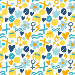 Trendy abstract turquoise indigo blue with lemon yellow colored background geometric vector illustration 80's 90's  vintage art style doodle seamless pattern