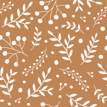 Monochrome Seamless Pattern With White Branches Rowan Berries And Leaves On A Brown Background. Seasonal Design For Textile, Prints, Wrapping Paper. Vector Illustration