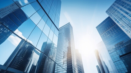 Modern office building with blue sky, and glass facades. Economy, finances, business activity concept, Bottom-up view, blurred image