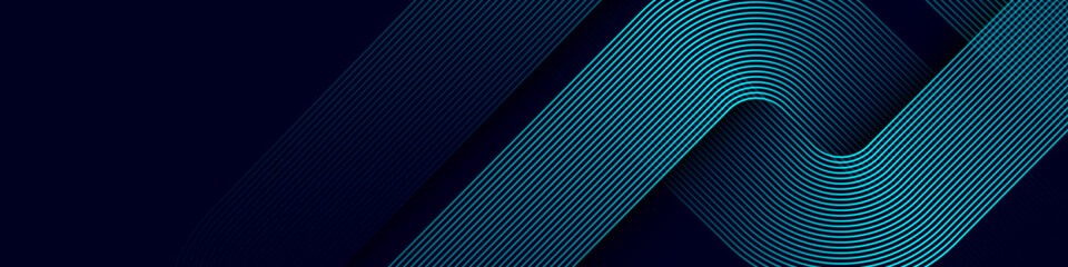 Dark blue abstract background with glowing geometric lines. Modern shiny blue lines pattern. Futuristic technology concept. Horizontal banner template. Suit for cover, poster, presentation, website