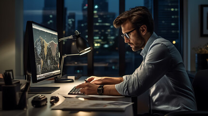 A man works in an office at night.Created with Generative AI technology.