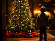 Child standing in front of a lit Christmas tree on Christmas eve. Childhood and expectations for presents or gifts. Tree is decorated, sparkling with warm lights. Shallow field of view.