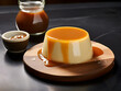 caramel pudding on slice of wooden carving plate
