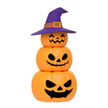 Jack-o-Lantern Pumpkins Wearing Witch Hat Isolated On White Background. Happy Halloween Concept. Traditional October Holiday. 3D Render Illustration