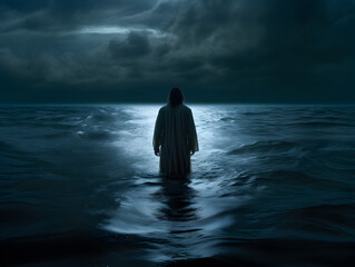 Jesus Christ walking on water at night.