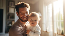 Portrait Of A Smiling Loving Dad With A Cute Happy Baby At Home. Happy Father Hugging Little Son At Home. Generative Ai