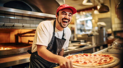 Male chef makes pizza in a restaurant.