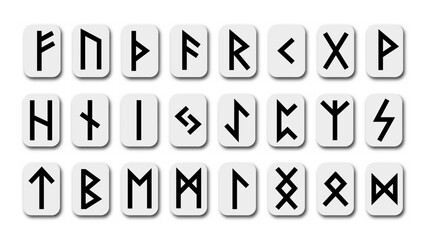 Sticker - Runes. Complete collection of runic letters, which were used in Germanic languages. Ancient magic signs of Nordic culture. Scandinavian futhark, Anglo-Saxon variant futhorc