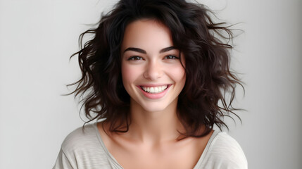 Natural beautiful woman portrait with healthy face skin. Open smiling beautiful brunette woman with curly hair. Beauty, cosmetics skincare, dental care advertising concept