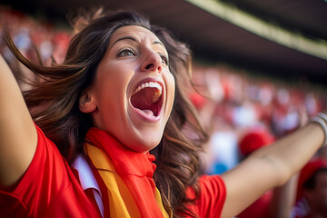 Aficionadas españolas de fútbol en un estadio de la Copa del Mundo celebrando el campeonato de la selección nacional de fútbol de España.
