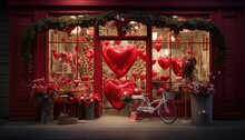 Photo Of A Bicycle Parked In Front Of A Store Window Decorated For Valentine's Day