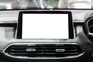 White mockup of digital display screen on the dashboard of a modern car