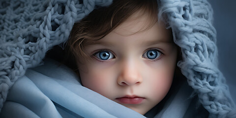 baby with blue eyes covered by blanket