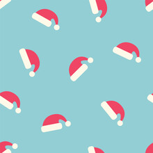 Seamless Pattern With Santa Claus Hats On A Blue Background. Winter Vector Illustration.