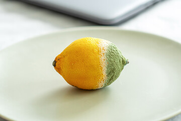 Wall Mural - Rotting lemon. A whole lemon spoiled on one side. The product is spoiled.