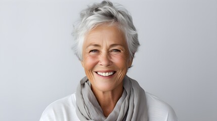 beautiful elderly senior woman with grey hair laughing and smiling. mature old lady close up portrai