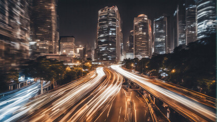 Wall Mural - Abstract Motion Blur City, traffic in central district of city at night. Light trails with motion blur effect, long time exposure