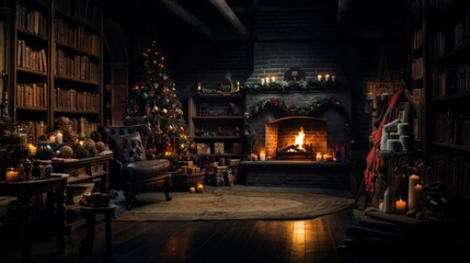 Interior of luxury living room with bookcases and Christmas decor. Blazing fireplace, garlands and burning candles, elegant Christmas tree, gift boxes. Christmas and New Year celebration concept.