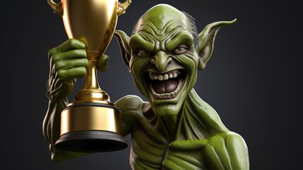 Wall Mural - Clip art of a green goblin holding up a trophy.Generative AI