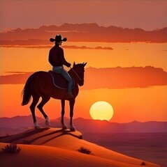 Cowboy silhouette against desert sunset backdrop; versatile as T-shirt graphic or wall art. 