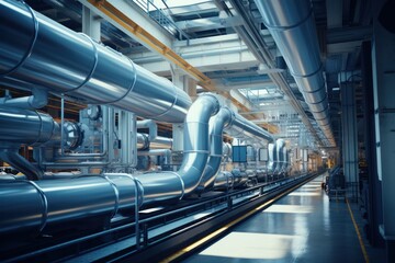 Wall Mural - factory, production, construction, futuristic, artificial, automated, pipe, facility, system, structure. background image is in factory, there have large pipe and automated facility system for product