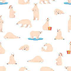 Wall Mural - Polar Bear Seamless Pattern, Adorable Wild Animal Motifs Arranged In A Continuous Design, Vector Illustration