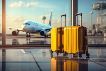 suitcase, flight, journey, transport, travel, trip, window, tourism, luxury, airplane. image background is put suitcase in terminal airport, behind that's airplane park is going to flight and travel.