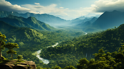 Sticker - Bird's - eye view of a dense tropical jungle and a single tallest tree, cinematic scape, dramatic light, colors, realistic, 8k, 3D, high resolution