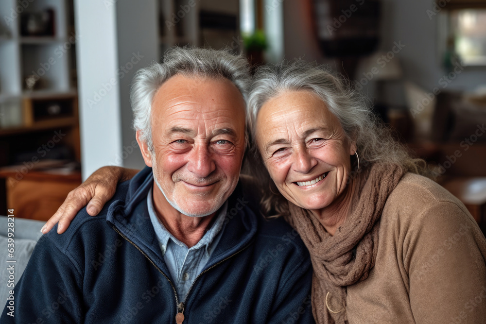 american elderly couple feeling happy smiling and looking to camera while relax in living room at home. Generative Ai