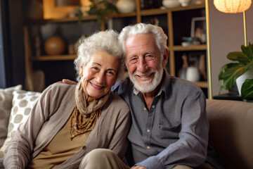 american elderly couple feeling happy smiling and looking to camera while relax in living room at home. Generative Ai