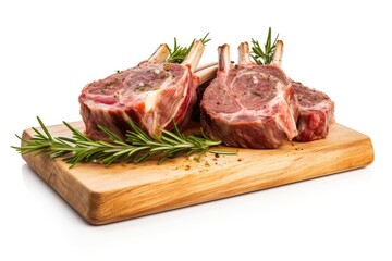 grilled lamb chops on wooden board isolated white background 