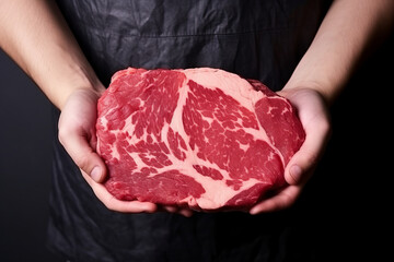 Butcher hands holding a big red and fat raw wagyu beef steak