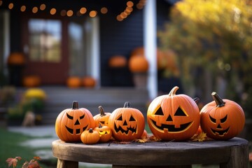 Wall Mural - Halloween pumpkins and decorations outside a house