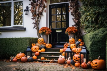 Wall Mural - Halloween pumpkins and decorations outside a house