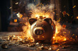 Financial crisis, picture of a exploding broken piggy bank depicting bankruptcy, loss of investment and the economic stress of economy