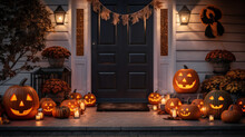 Halloween pumpkins and decorations outside a house, night view of a house entry door with halloween decoration