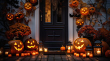 Halloween Pumpkins And Decorations Outside A House, Night View Of A House Entry Door With Halloween Decoration
