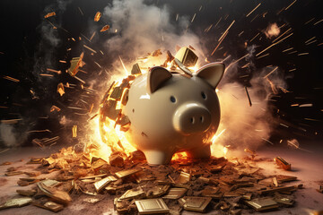 Financial crisis, picture of a exploding broken piggy bank depicting bankruptcy, loss of investment and the economic stress of economy