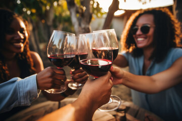 Friends toasting red wine glass and having fun cheering at winetasting experience. Young people enjoying harvest time together outside at farm house vineyard countryside.