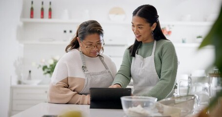 Sticker - Tablet, cooking and help with senior mother with daughter in kitchen for learning, food and recipe blog. Baking, nutrition and search with women in family home for technology, health and meal prep